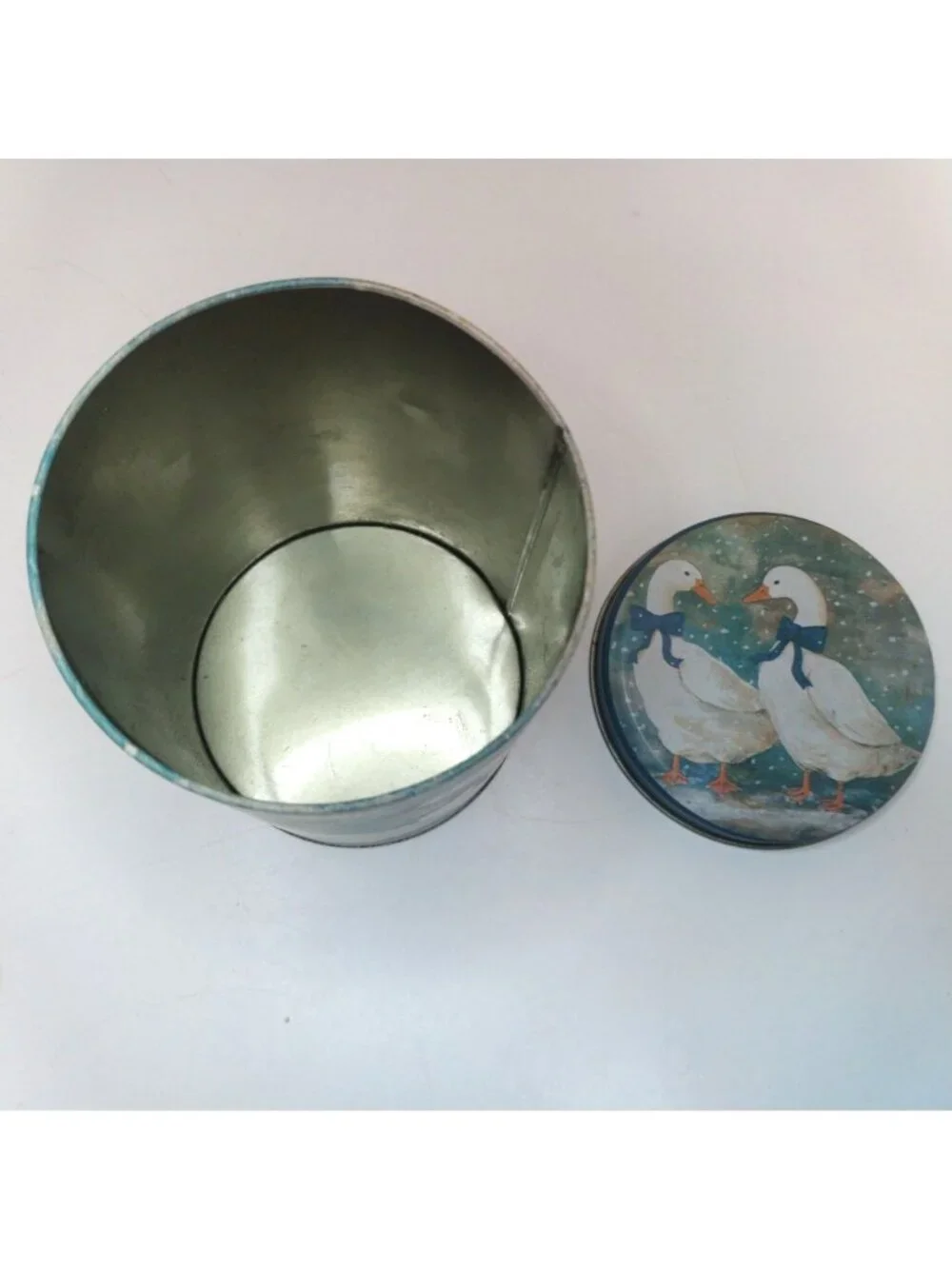 Vintage Goose in Snow Metal Tin Blue Bow 1990s 6 Inches
